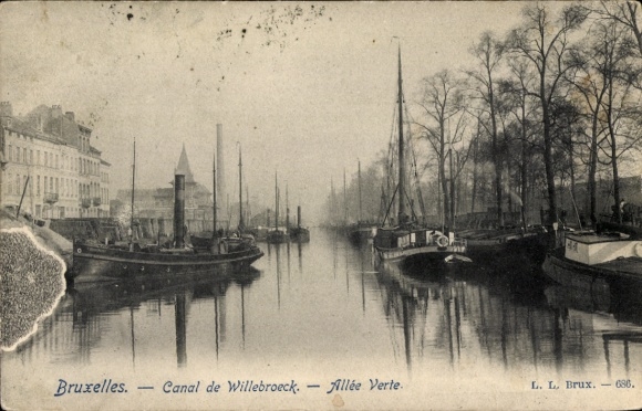 Postcard Bruxelles Brussels, Canal de Willebroeck, Allée Verte, boats, water