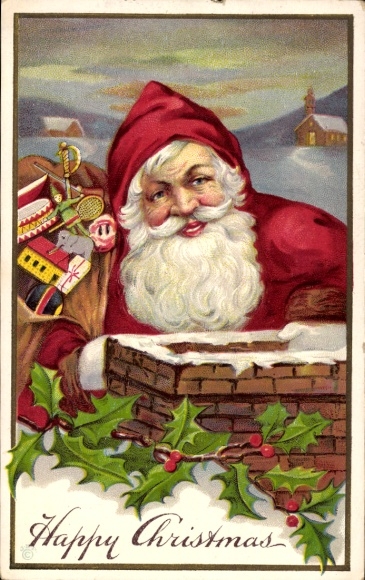 Ak Gefeliciteerd Kerstmis, Kerstman met cadeauzakje, schoorsteen, hulsttakken