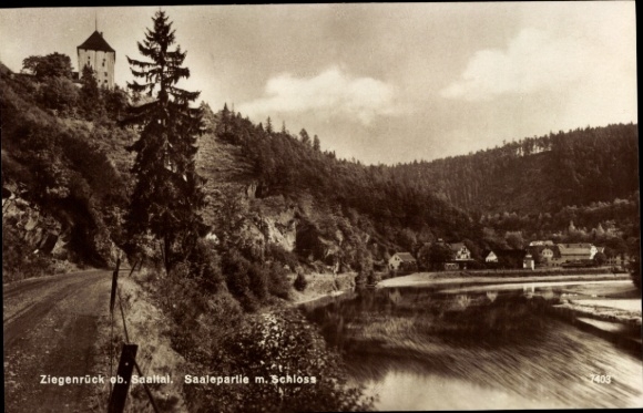 Postcard Ziegenrück on the Saale Thuringia, Ziegenrück above Saaltal, Saale section with castle, riverside