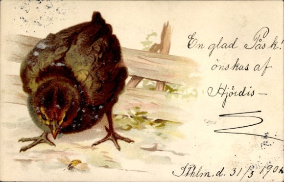 Chromo-Litho chick and a bee, insect