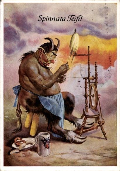 Postcard Devil at the spinning wheel, Oktoberfest, pretzels, white sausage