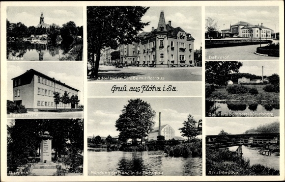 Ak Flöha Sachsen, Adolf Hitler Straße, Rathaus, Baumwollspinnerei Gückelsberg, Bahnhof, Fachschule