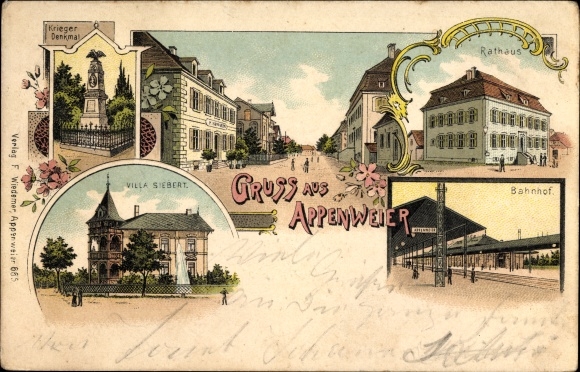 Litho Appenweier BW, Straßenpartie, Bahnhof, Villa Sieber, Kriegerdenkmal, Rathaus