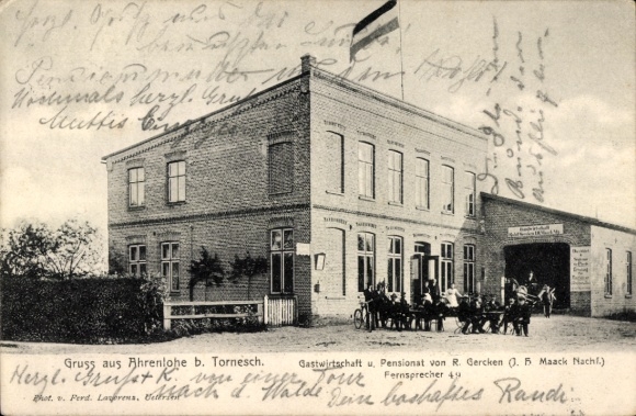 KP Ahrenlohe Tornesch w Holsztynie, zajazd, pensjonat R. Gerckena, niemiecka flaga cesarska