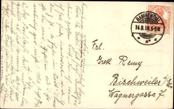 Postcard Bammental in Baden, general view, church, commercial building, train station