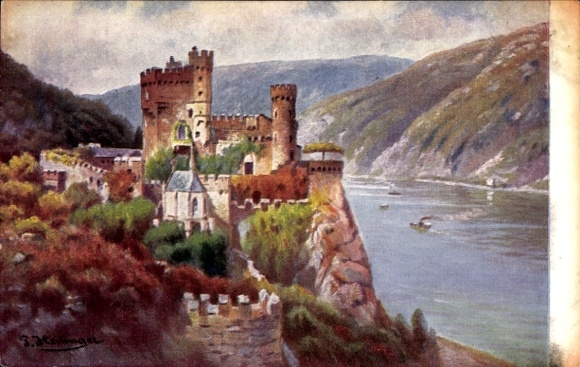 Artist Postcard Trechtingshausen am Rhein, Rheinstein Castle