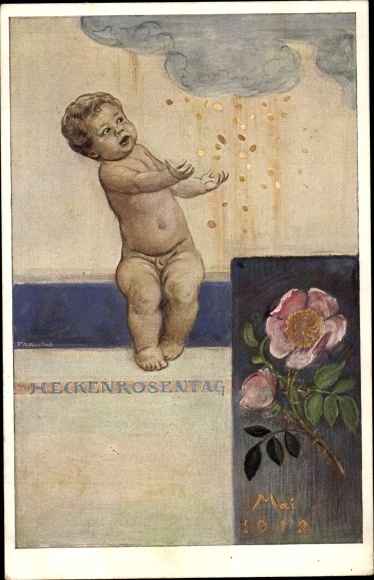 Artist PC Kaulbach, Friedrich August, Munich, Dog Rose Day May 1912, small child, rain of money