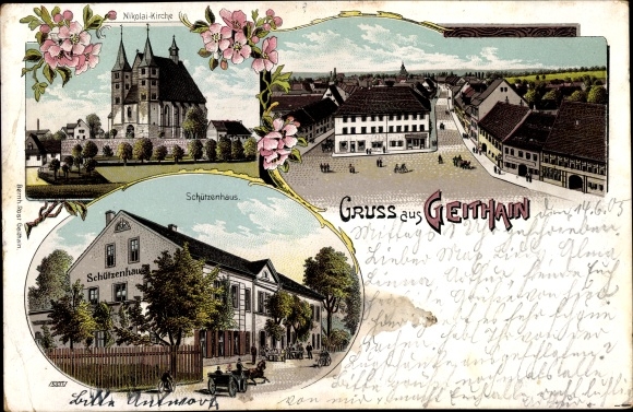 Litho Geithain Sachsen, Gasthof Schützenhaus, Nikolai Kirche