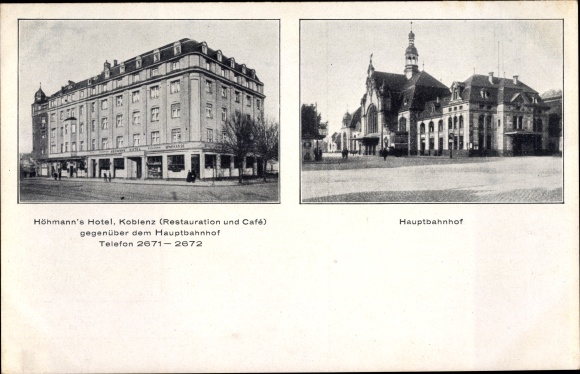 Postcard Koblenz in Rhineland-Palatinate, Höhmanns Hotel, view of the main train station