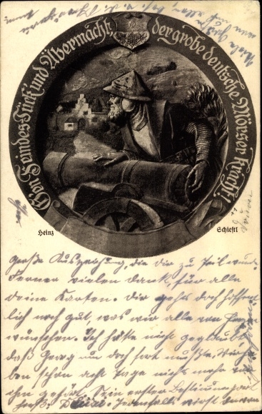 Postcard plastic by Heinz Schiestl, brother of Matthäus, man with cannon, mortar, relief