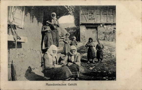 Postcard Macedonia, Macedonian farmstead, people in traditional costumes