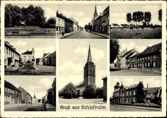 Postcard Schiefbahn Willich am Niederrhein, partial views, church, street section