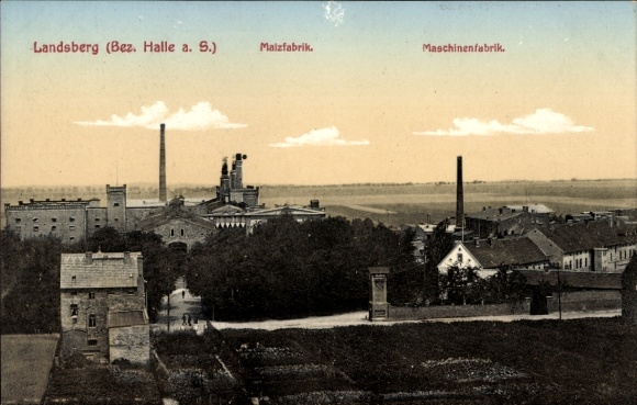 Postcard Landsberg im Saalekreis, malt factory, machine factory