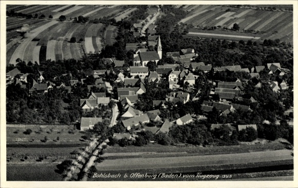 Postcard Bohlsbach Offenburg in Baden Black Forest, aerial view of Bohlsbach, church visible, rural