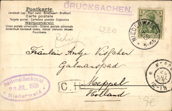 Postcard Niederwald Kirchhain in Hesse, relief of the national monument, statue, battlements, stairs, landscape...