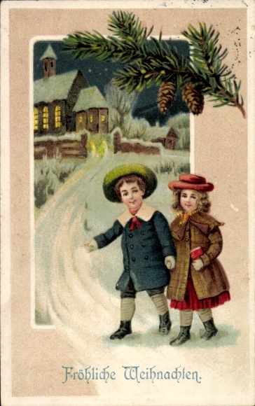 Embossed PC congratulations Christmas, children, fir branches, church