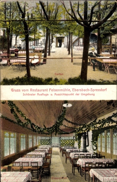 Postcard Spreedorf Ebersbach in Oberlausitz, Restaurant Felsenmühle, garden, glass pavilion