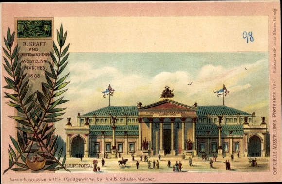 Chromo-Litho Munich, power and working machines exhibition 1898, main portal