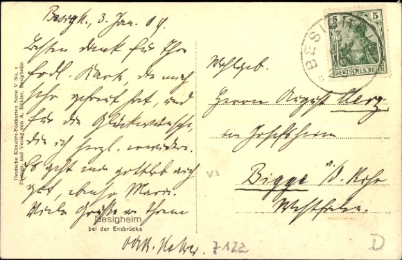 Postcard Besigheim in the district of Ludwigsburg, bridge section on the Enz with partial view of the city