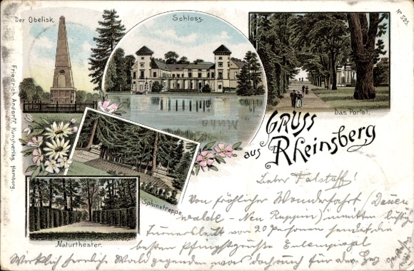 Postcard Rheinsberg in der Mark, obelisk, castle, nature theater, text in German