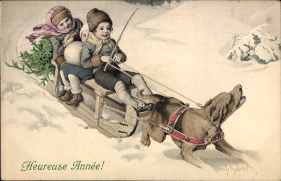Artist Postcard Schubert, H., Happy New Year, dog sled, children