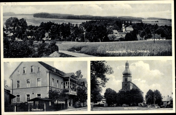 Postcard Konradsreuth in Upper Franconia, panorama, inn and butcher's shop to the white lamb, market square, church