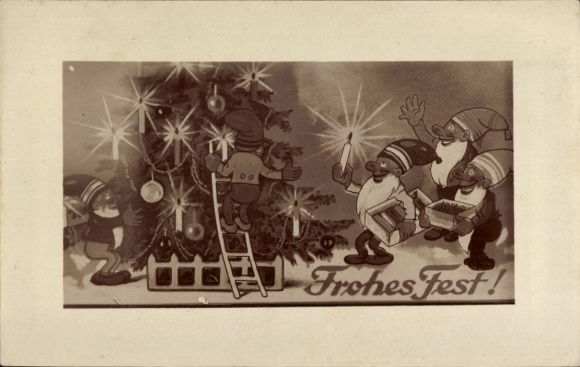 Postcard Merry Christmas, Christmas tree, dwarves