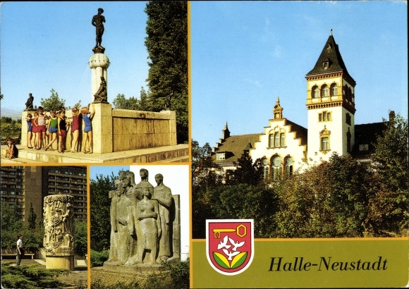 PC Neustadt Halle an der Saale, relief column construction worker, clubhouse &quot;Johannes R. Becher&quot;, fountain