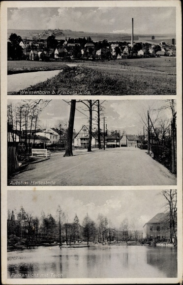 PC Weißenborn in Sachsen, view of the town, bus stop, view of the park, pond