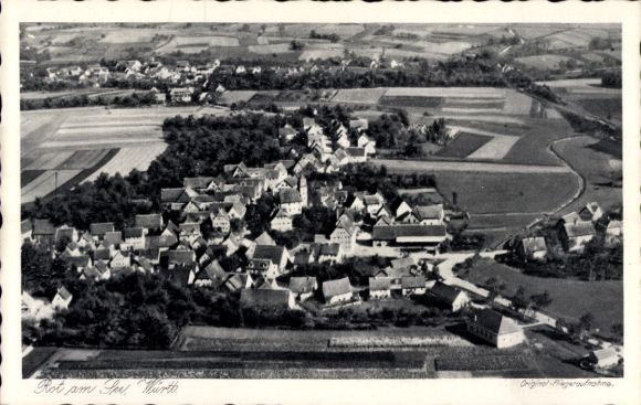 Postcard Rot am See Württemberg, aerial view of green fields, isolated houses, rural surroundings