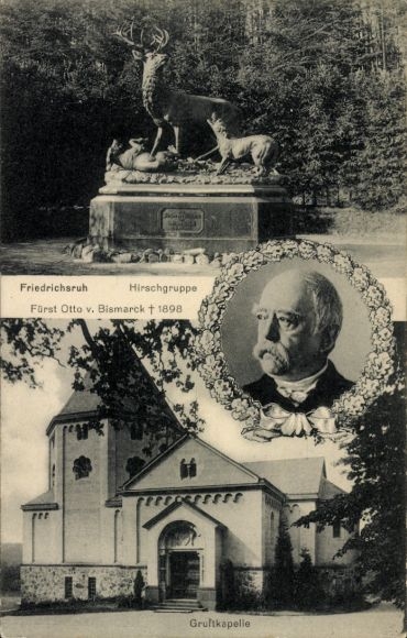Postcard Friedrichsruh Aumühle in Lauenburg, deer group, crypt chapel, portrait of Bismarck