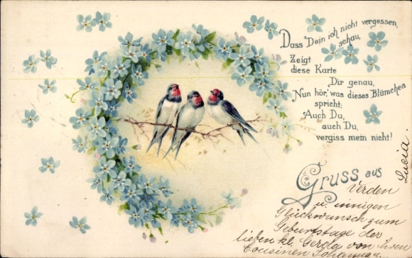 Chromo-Litho That your I do not forget, Swallows, Forget-me-nots