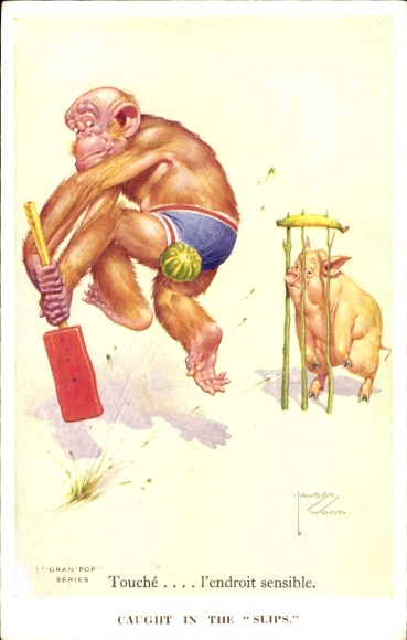 Artist Postcard Wood, Lawson, Orangutan playing cricket, Pig