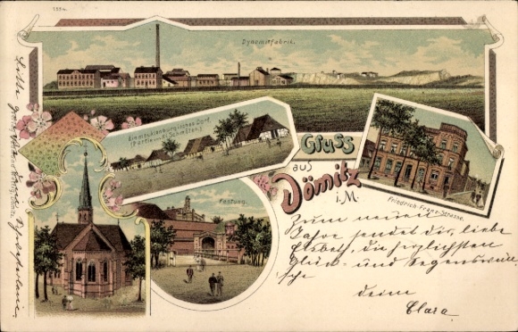 Chromo-Litho Dömitz on the Elbe, Friedrich Franz Street, fortress, dynamite factory, church