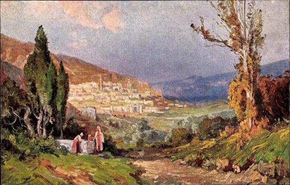 13 AK im Umschlag, farbige Kunstpostkarten Landschaftsbilder aus dem heiligen Lande, von m Meingoldt