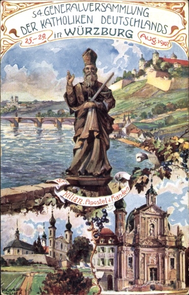 Postal stationery artist PC Richard Bogner, Würzburg am Main, 54th German Catholic Day 1907, St. Kilian