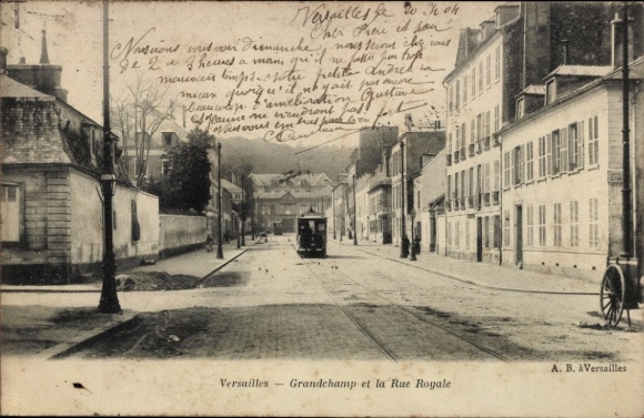 PC Versailles Yvelines, street in tram, houses, postmark, handwritten text