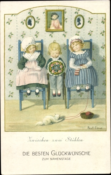 Artist PC Ebner, Pauli, boy with a bouquet of flowers between two girls, knitting, Munk