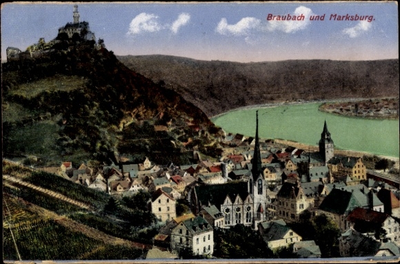 Postcard Braubach am Rhein, view of Marksburg, river, hills, houses