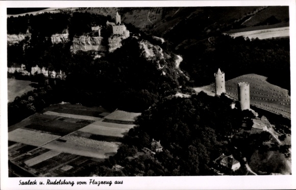 Postcard Saaleck Bad Kösen Naumburg an der Saale, aerial photography, Rudelsburg