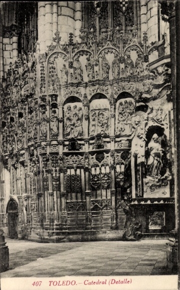 Ak Toledo Kastilien La Mancha Spanien, Catedral, Detail, kunstvolle Schnitzereien, religiöse Figu