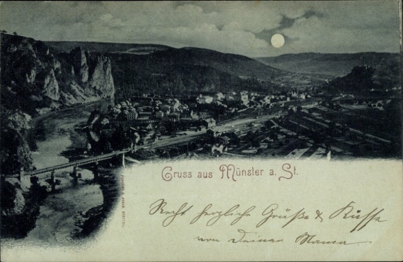 maanlicht Ak Bad Münster am Stein Ebernburg, totaalbeeld