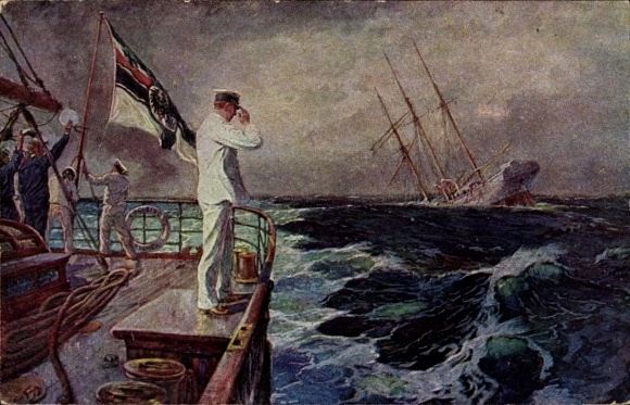 Artist Postcard Bohrdt, Hans, The last greeting, Lieutenant Commander Hellmuth von Mücke, SMS Emden, SMS Ayesha