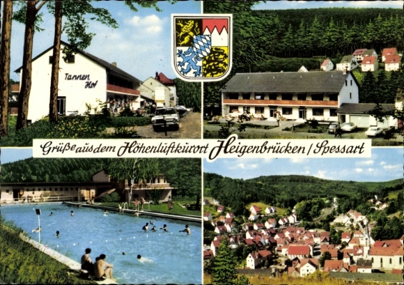 Postcard Heigenbrücken in Spessart Lower Franconia, Tannenhof, swimming pool, general view, coat of arms