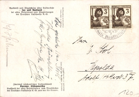 Postcard Europe South America in 2 days, airmail service, Lufthansa, Air France, Condor