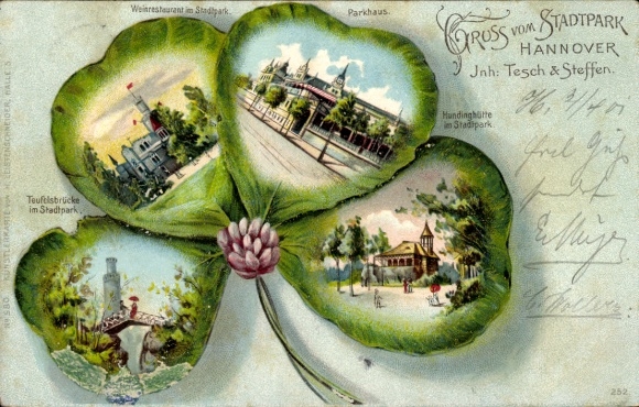 Kleeblatt litho Hannover in Nedersaksen, stadspark, wijnrestaurant, Duivelsbrug, Hundinghütte