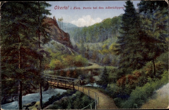 Postcard Oker Goslar am Harz, landscape with trees, river, bridge, mountains, text: Okertal Karz. Partie