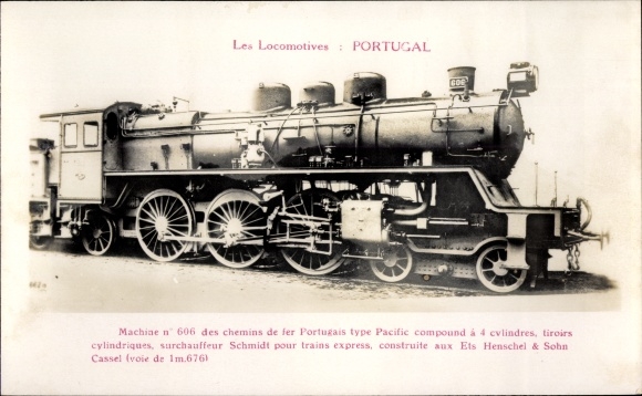 Postcard Portuguese steam locomotive, machine no. 606, Type Pacific compound, Ets Henschel &amp; Sohn