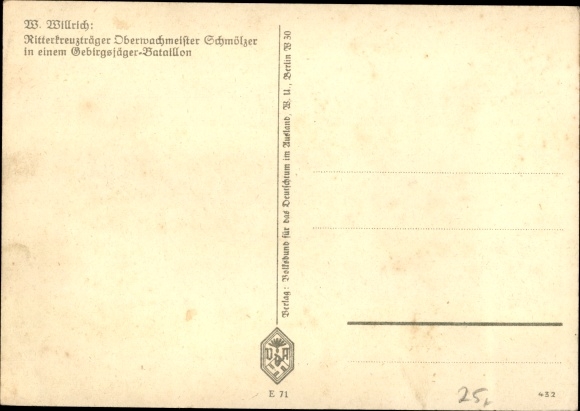 Artist PC Willrich, Wolfgang, Knight&#39;s Cross recipient Oberwachmeister Schmölzer, portrait, VDA E 71