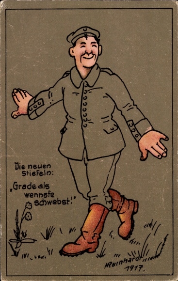 Künstler Ak Reinhardt, Soldat mit neuen Stiefeln, Humor, I. WK